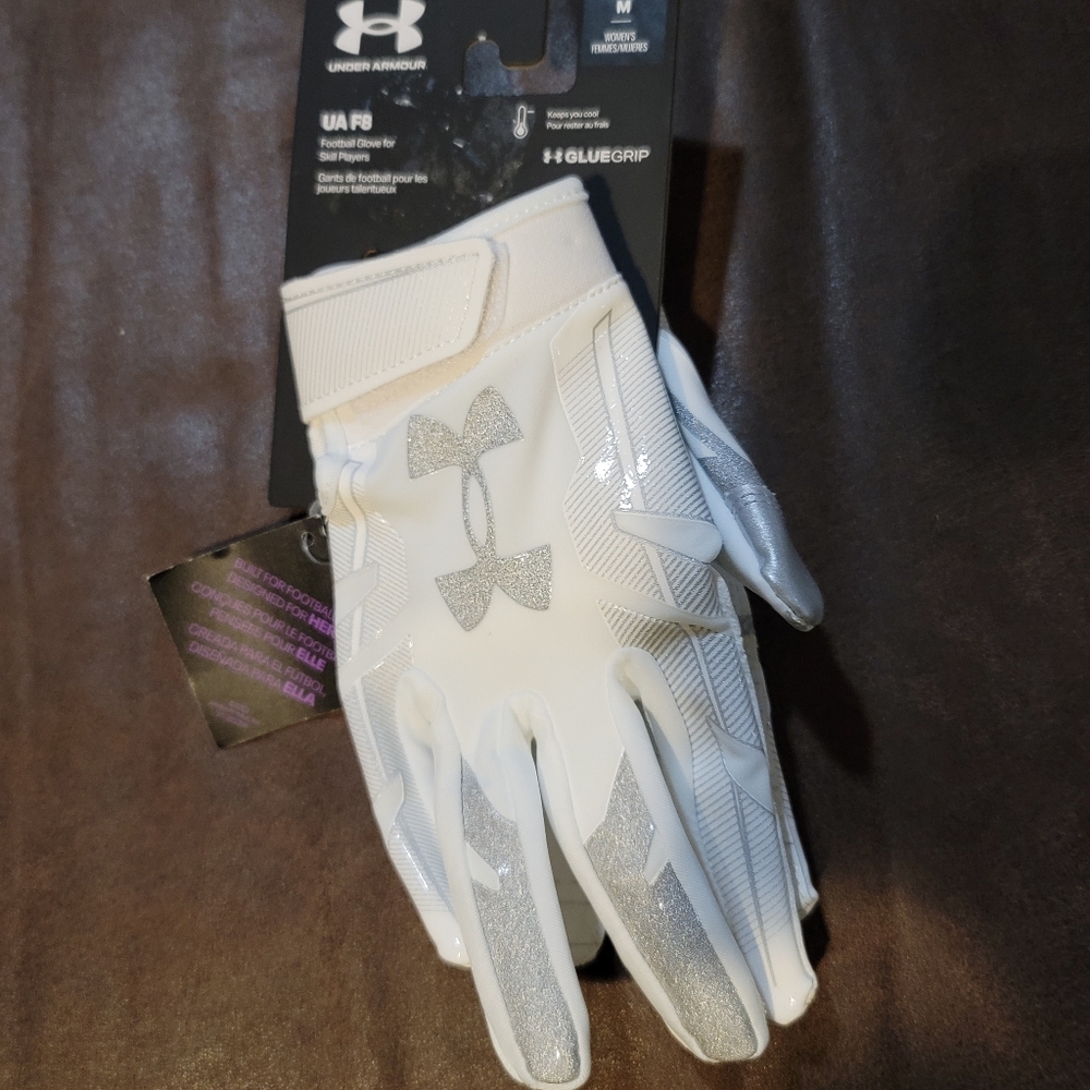Under Armour White and Silver Football Gloves